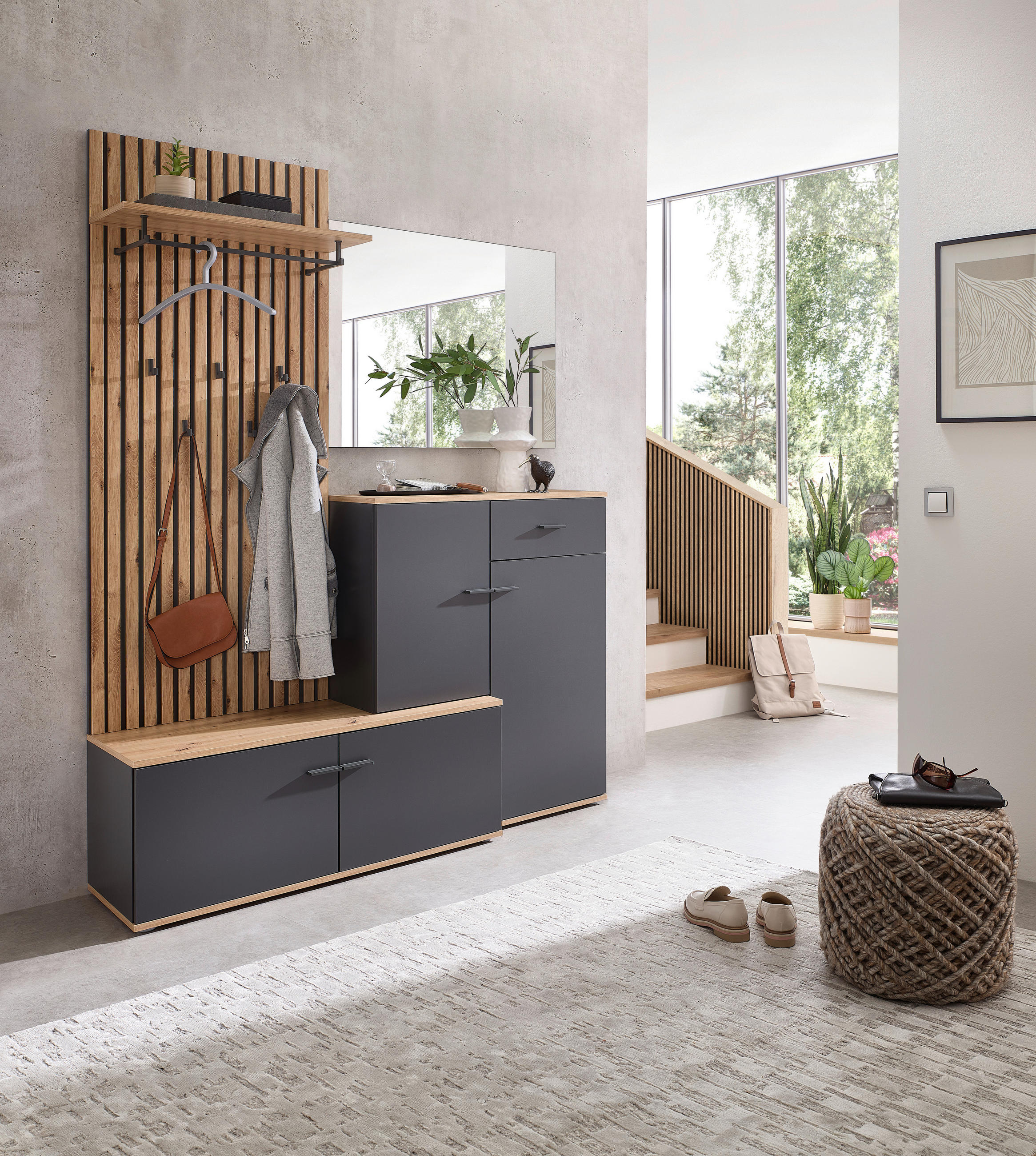 GARDEROBE in 148/199/38 cm - Anthrazit/Eiche Artisan, Design, Glas/Holzwerkstoff (148/199/38cm) - Xora