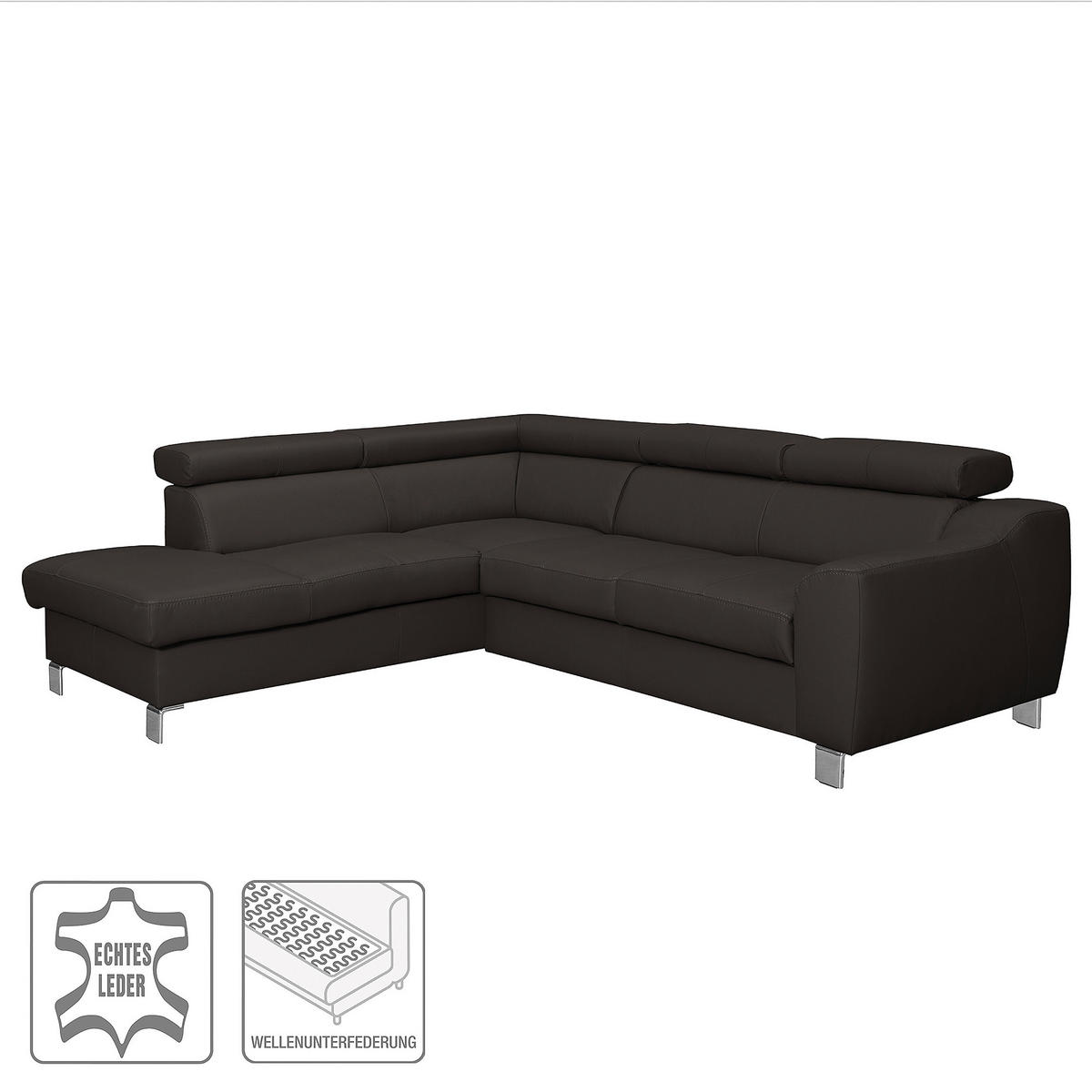 ECKSOFA in Lederlook Echtleder Dunkelbraun  - Chromfarben/Dunkelbraun, Design, Leder/Textil (208/245cm) - Livetastic
