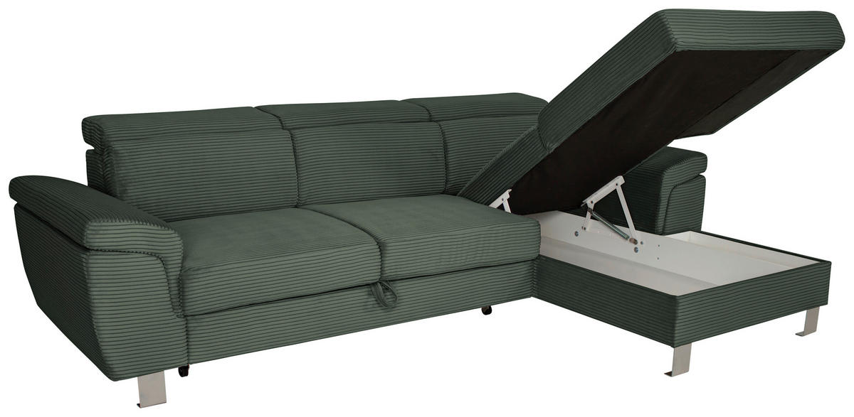 ECKSOFA inkl. Funktionen Waldgrün Cord  - Waldgrün/Silberfarben, Design, Textil/Metall (250/167cm) - Xora