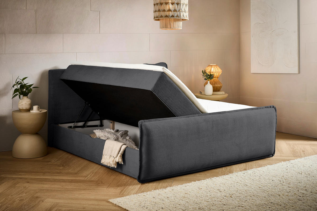 BOXBETT 180/200 cm,  in Anthrazit, Kissen, Bettkasten, Topper, H3 + H3 = fest  - Anthrazit/Schwarz, Design, Kunststoff/Textil (180/200cm) - Chameo