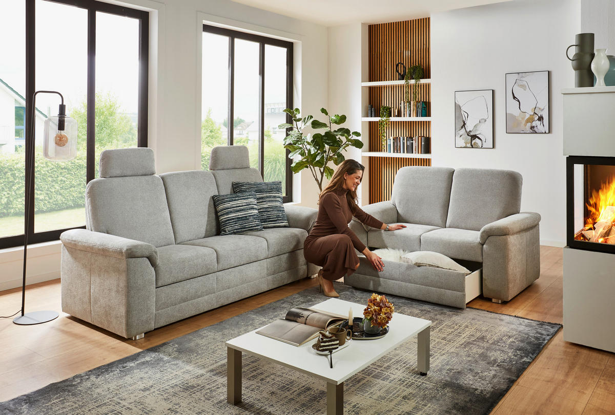 SITZGARNITUR  in Chenille Hellgrau  - Hellgrau/Alufarben, KONVENTIONELL, Textil/Metall (208/156/96/89cm) - Beldomo Comfort