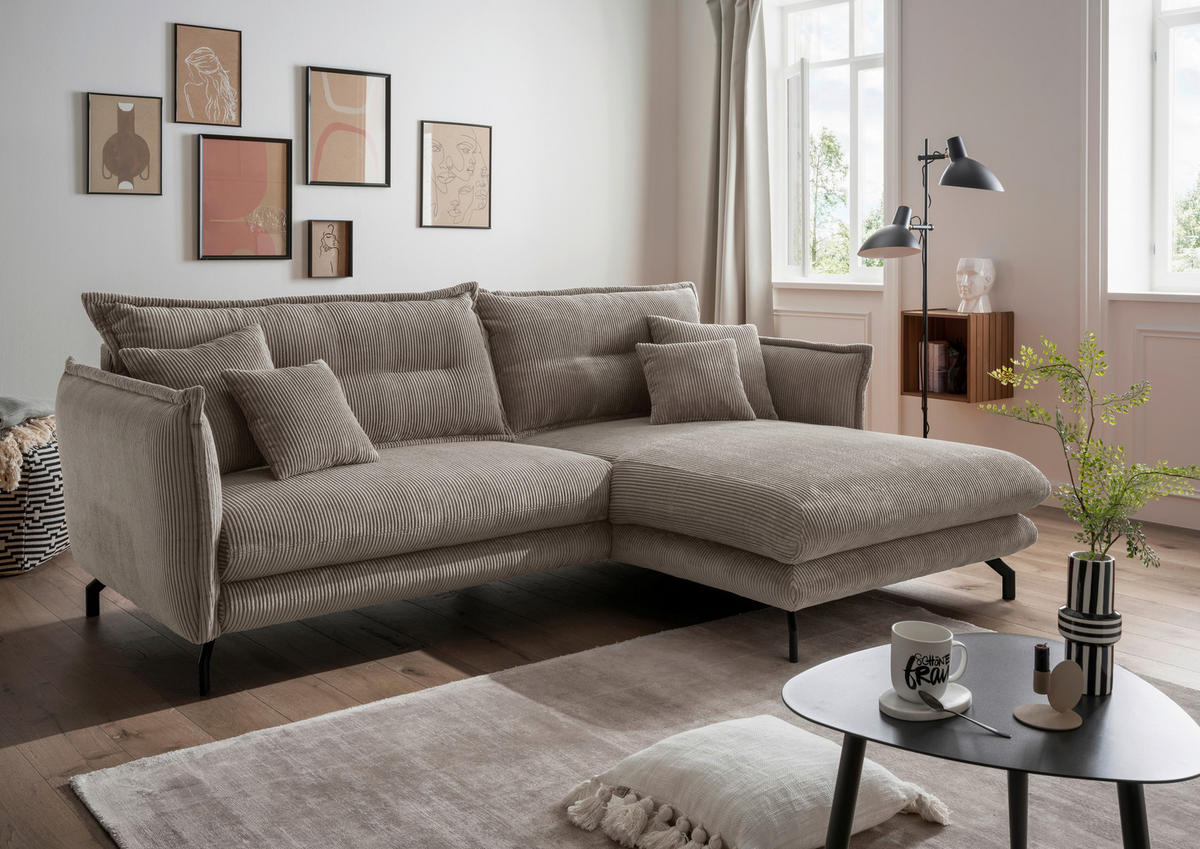 ECKSOFA in Cord Graubraun  - Graubraun/Schwarz, Modern, Textil/Metall (255/180cm) - Livetastic