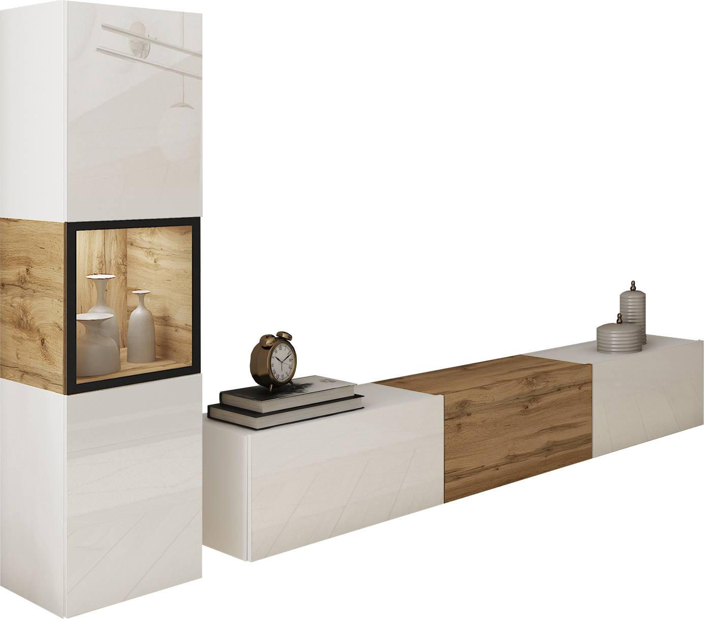 WOHNWAND Berlin 2-teilig  in Weiß, Eiche Wotan  210/130/32,5 cm  - Eiche Wotan/Weiß, Design, Glas/Holzwerkstoff (210/130/32,5cm) - P & B