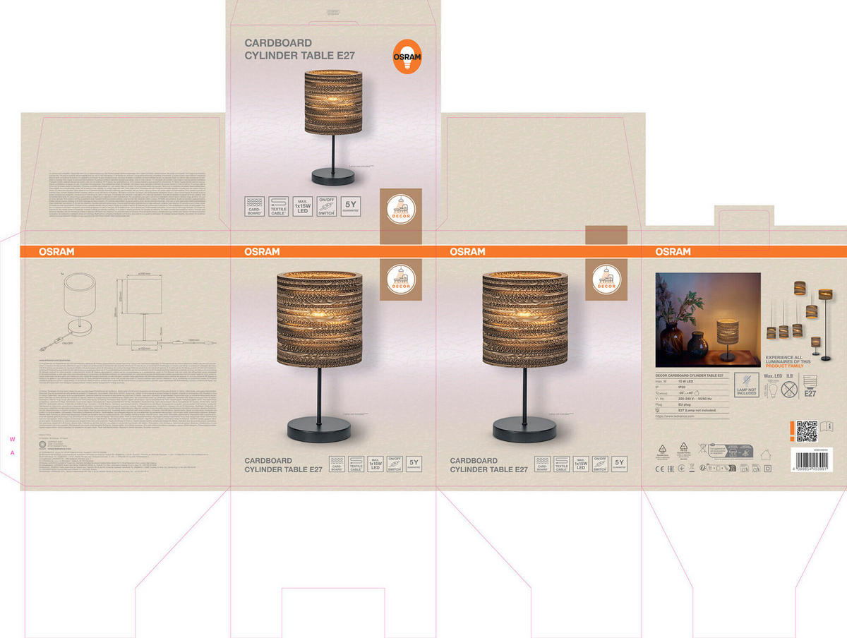 TISCHLEUCHTE 20/38,5 cm   - Braun, Natur, Karton/Metall (20/38,5cm) - Osram