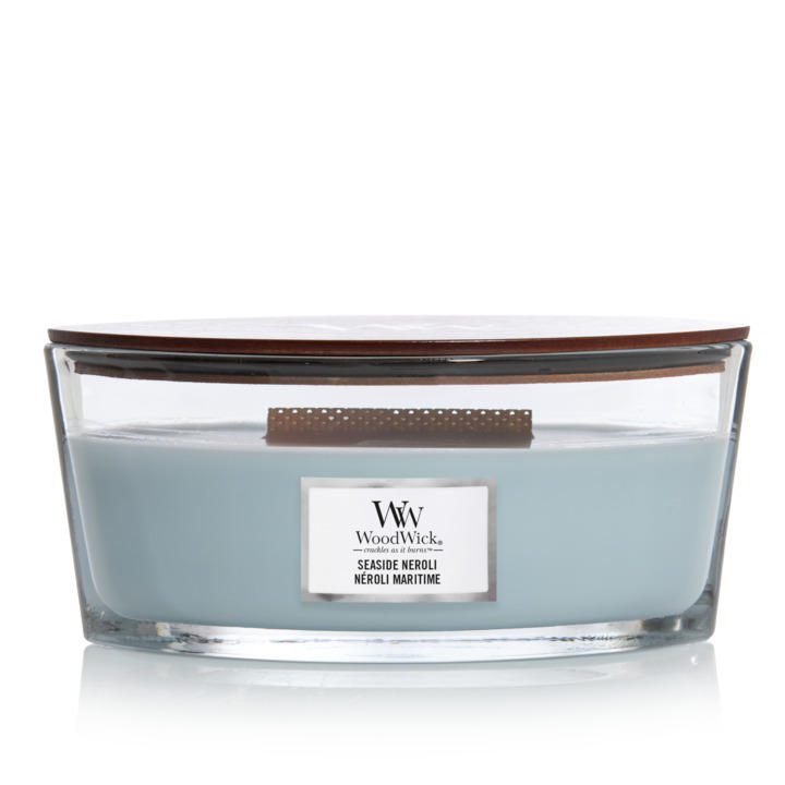 DOFTLJUS havsbris, neroli  - ljusblå/brun, Basics, trä/glas (1.34kg) - WoodWick