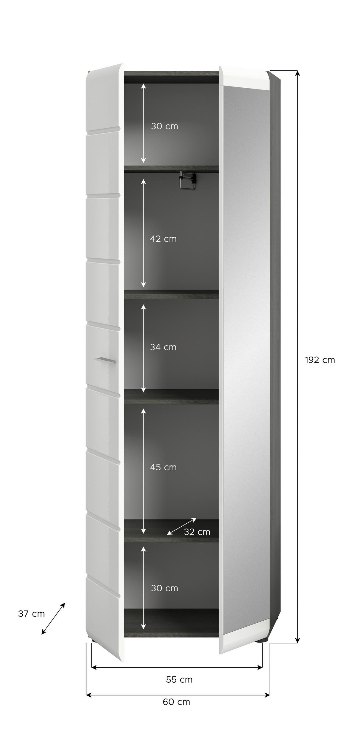SKŘÍŇ NA ODĚV, vysoce lesklá bílá, 60/192/37 cm - barvy stříbra/vysoce lesklá bílá, Design, kompozitní dřevo/plast (60/192/37cm) - MID.YOU