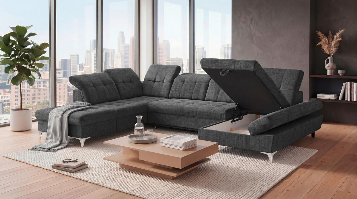 WOHNLANDSCHAFT Mikrovelours Graphitfarben  - Kaschmir/Graphitfarben, Modern, Kunststoff/Textil (245/348/168cm) - MID.YOU