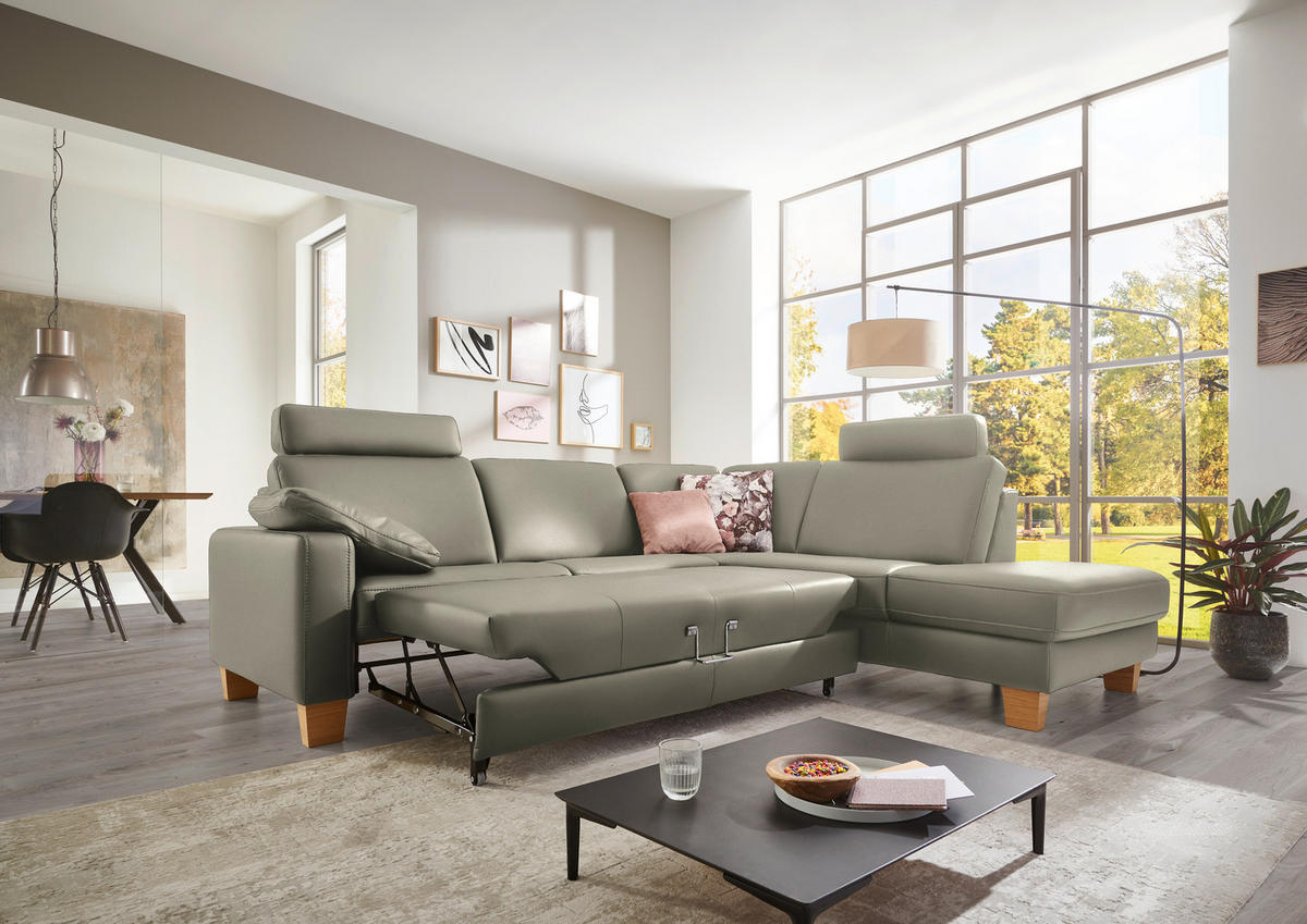 ECKSOFA in Echtleder Grau  - Eiche Bianco/Grau, Konventionell, Leder/Holz (257/235cm) - Valdera