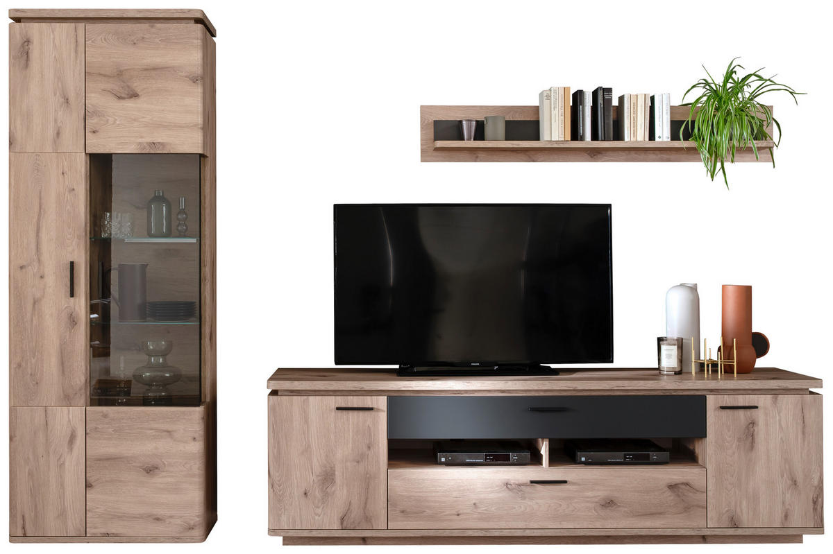 WOHNWAND 3-teilig  in Anthrazit, Eiche dunkel  295/208/50 cm  - Eiche dunkel/Anthrazit, KONVENTIONELL, Glas/Holzwerkstoff (295/208/50cm) - Cantus