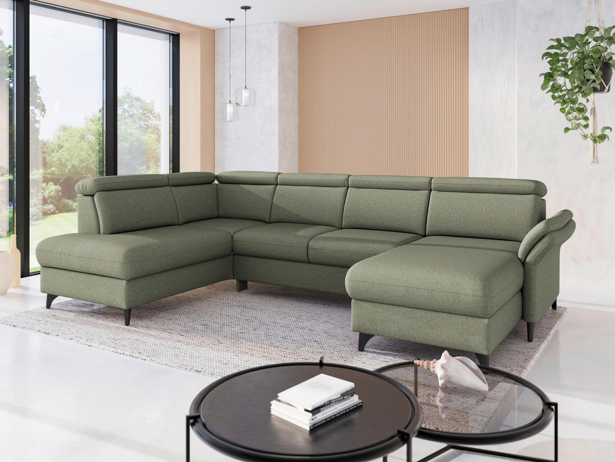 WOHNLANDSCHAFT GLENDALE E in Flachgewebe Olivgrün  - Schwarz/Olivgrün, KONVENTIONELL, Textil/Metall (193/321/166cm) - Sit & More