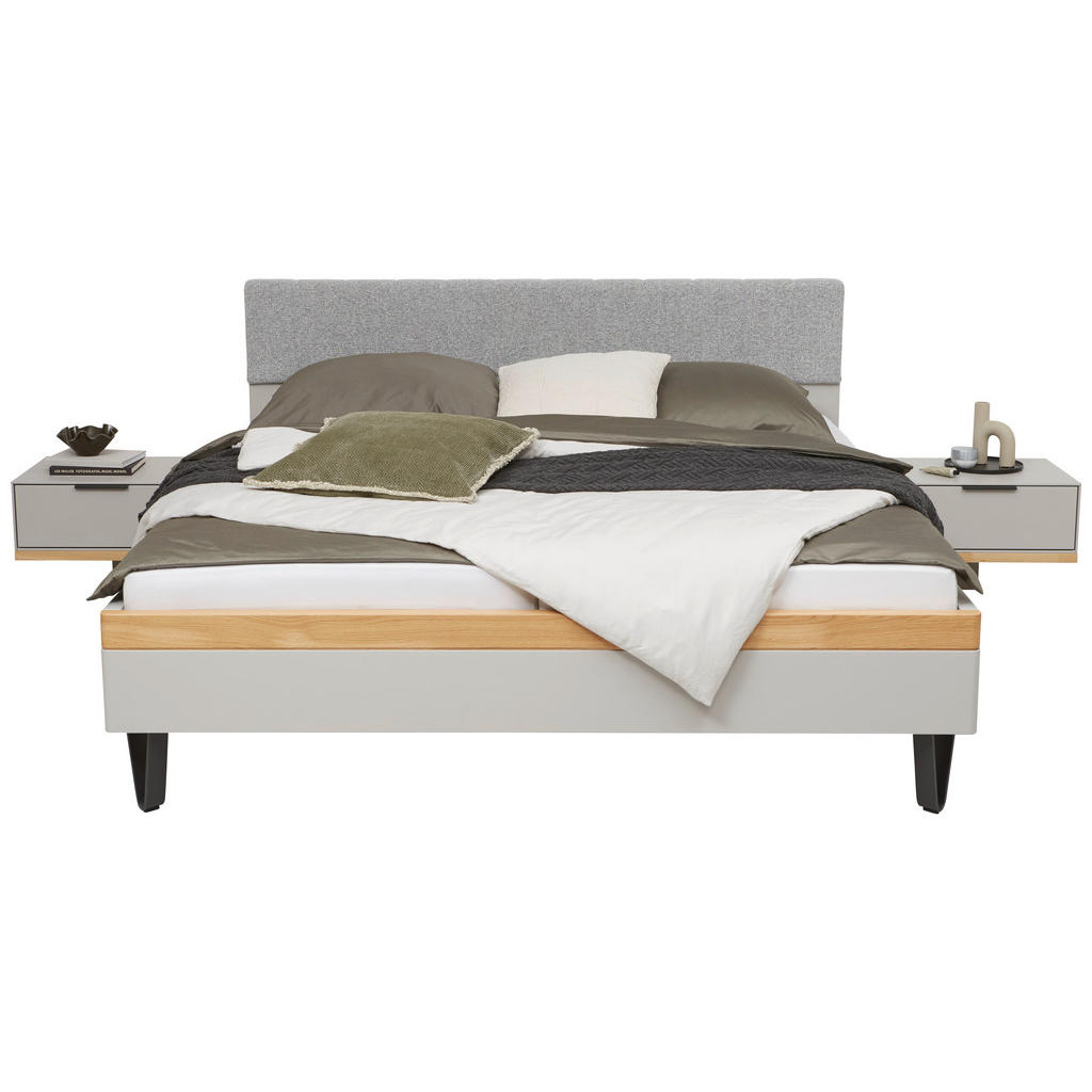 Thumbnail - Dieter Knoll Bettanlage, Hellgrau, Wildeiche, Holz, Textil, Wildeiche, massiv, 180x200 cm, gepolstertes Kopfteil, in ver...