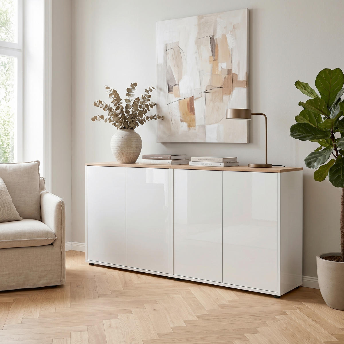 SIDEBOARD Mailand Set 2 158/73/33 cm  - Weiß Hochglanz/Schwarz, MODERN, Holzwerkstoff/Kunststoff (158/73/33cm) - MID.YOU