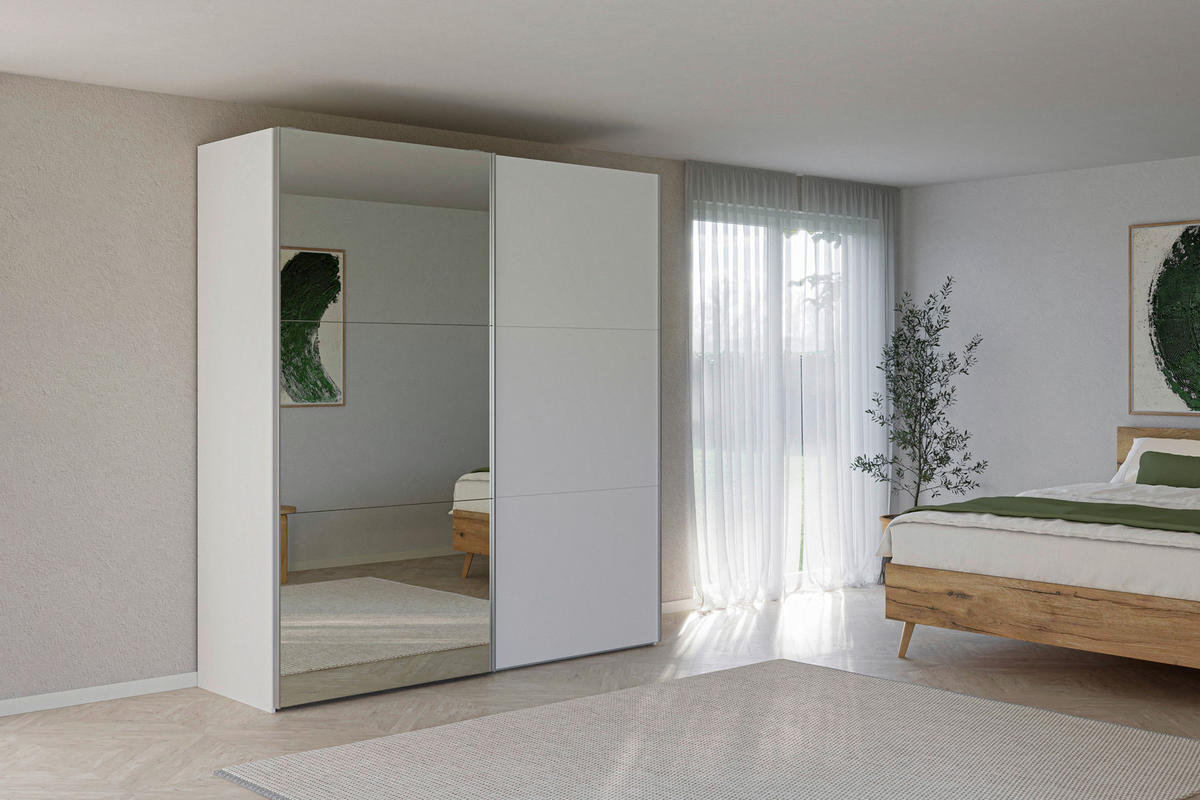 SCHWEBETÜRENSCHRANK Weiss  - Weiss/Silberfarben, Design, Glas/Holzwerkstoff (202/220/65cm) - Jutzler