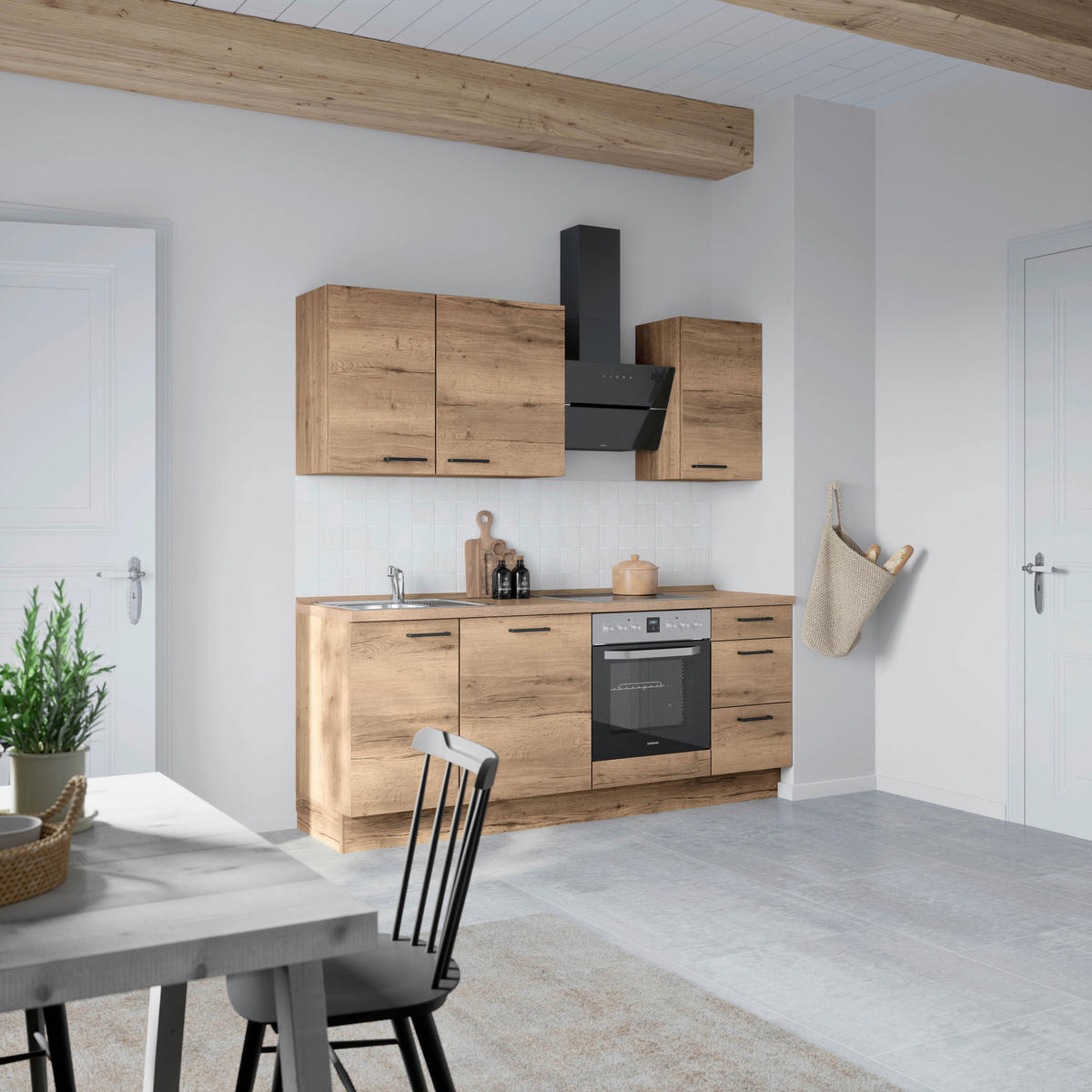 BUCĂTĂRIE FĂRĂ ELECTROCASNICE  - stejar închis la culoare/negru, Modern, metal/material pe bază de lemn (210cm) - Nobilia