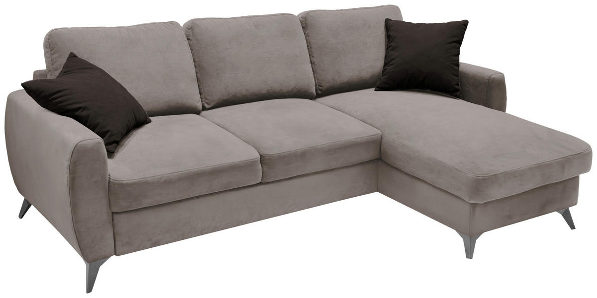 ECKSCHLAFSOFA JEFFREY Mikrovelours Taupe  inkl. Zierkissen, Rückenkissen, Stauraum  - Taupe/Schwarz, KONVENTIONELL, Textil/Metall (230/150cm) - Livetastic