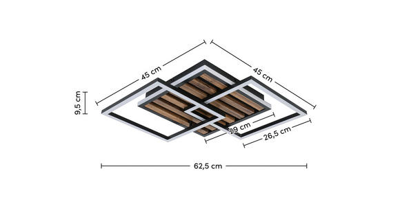 LED-DECKENLEUCHTE 45/45/9,5 cm  - Eichefarben/Schwarz, Trend, Holzwerkstoff/Kunststoff (45/45/9,5cm) - Novel
