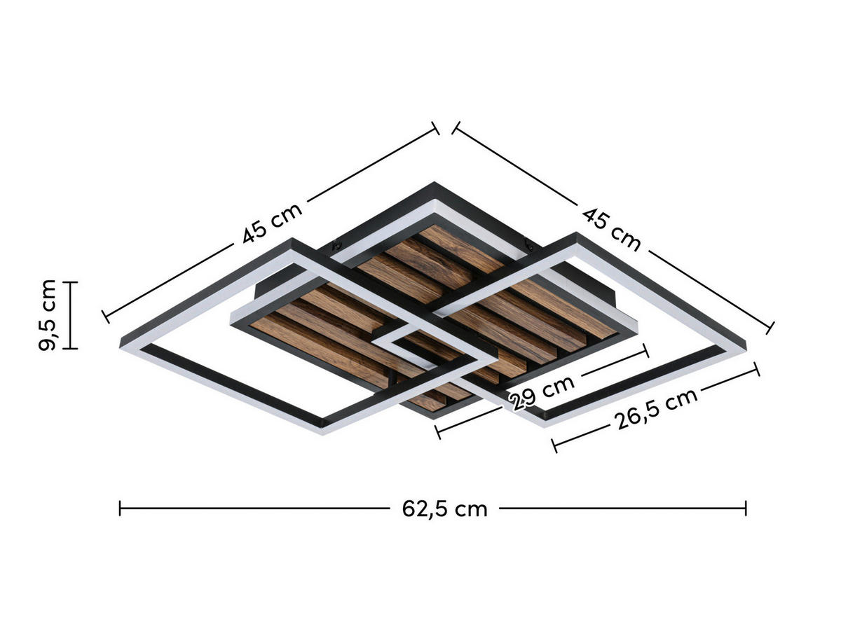 STROPNA SVETILKA 45/45/9,5 cm   - črna/barve hrasta, Trend, kovina/umetna masa (45/45/9,5cm) - Novel