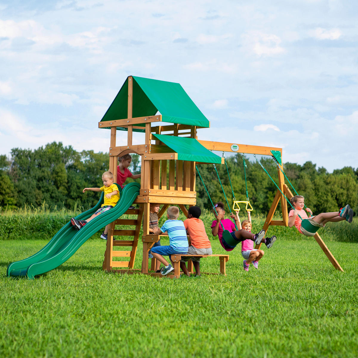 SPIELTURM BACKYARD BELMONT 220/290/540 cm  - Dunkelgrün/Gelb, KONVENTIONELL, Holz (220/290/540cm) - Ambia Garden