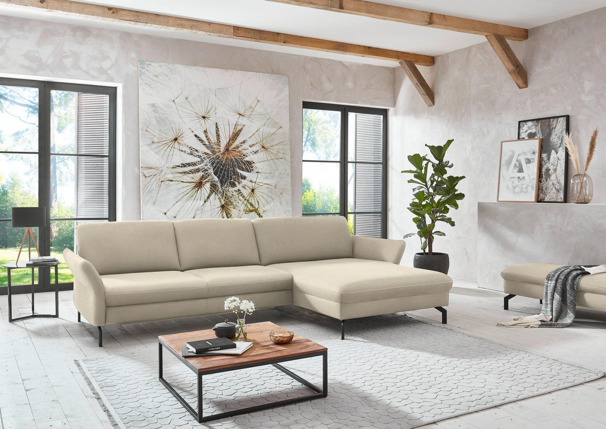 ECKSOFA in Velours Creme  - Creme/Schwarz, Design, Textil/Metall (306/179cm) - Beldomo System