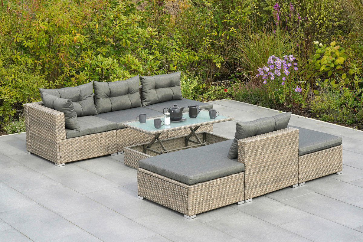 LOUNGEGARNITUR 7-teilig   Stahl  - Naturfarben/Grau, MODERN, Glas/Kunststoff - Gardenson