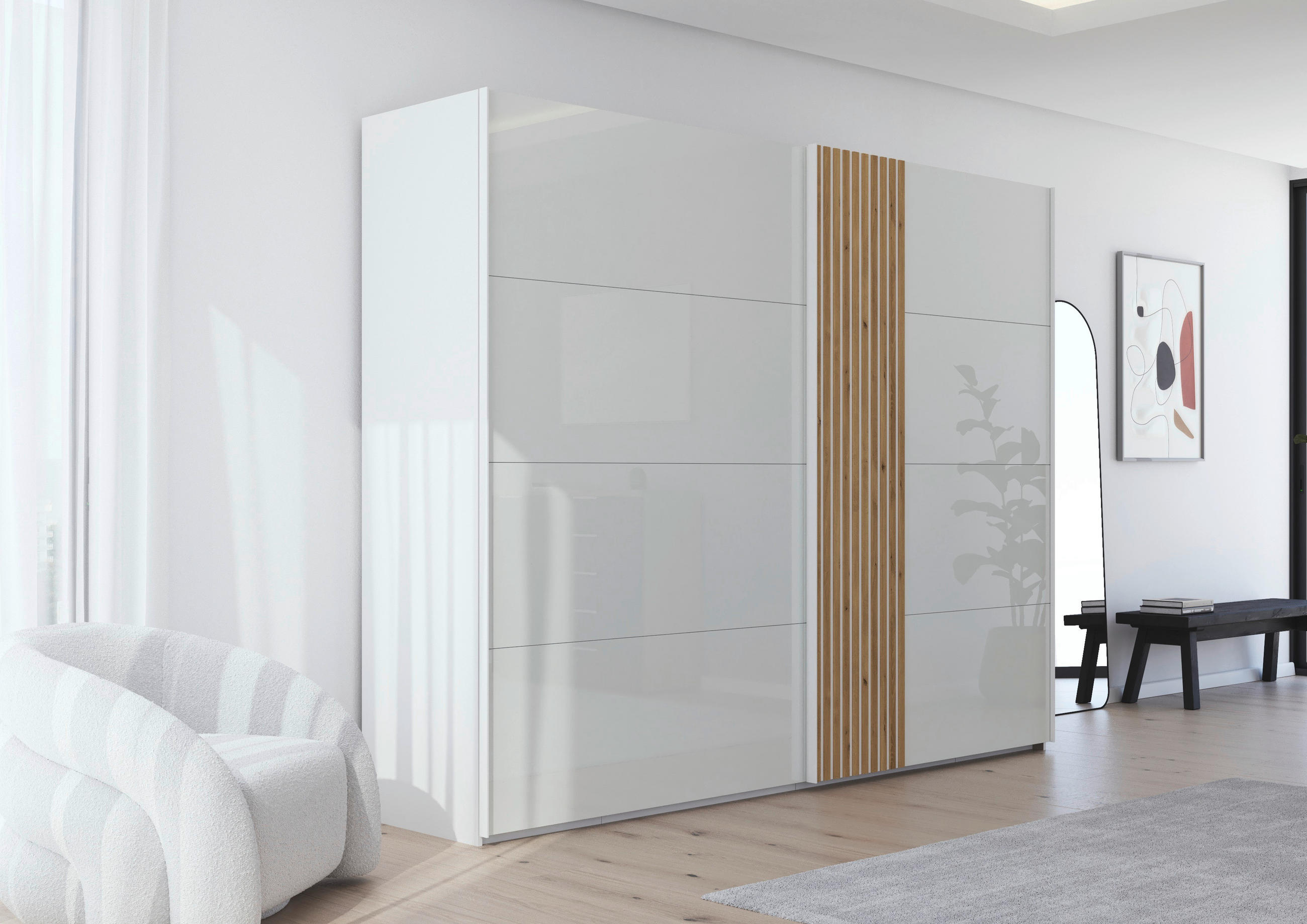 SCHWEBETÜRENSCHRANK  in Weiß, Eichefarben  - Eichefarben/Weiß, Design, Glas/Holzwerkstoff (281/223/68cm) - Novel