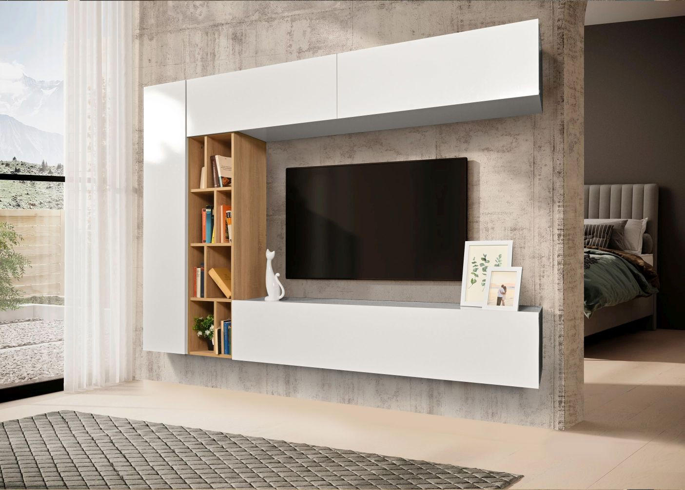REGAL ZA DNEVNI BORAVAK hrast Sonoma, bijela visoki sjaj   - bijela visoki sjaj/hrast Sonoma, Moderno, drvni materijal (224/160/35cm) - Ti'me