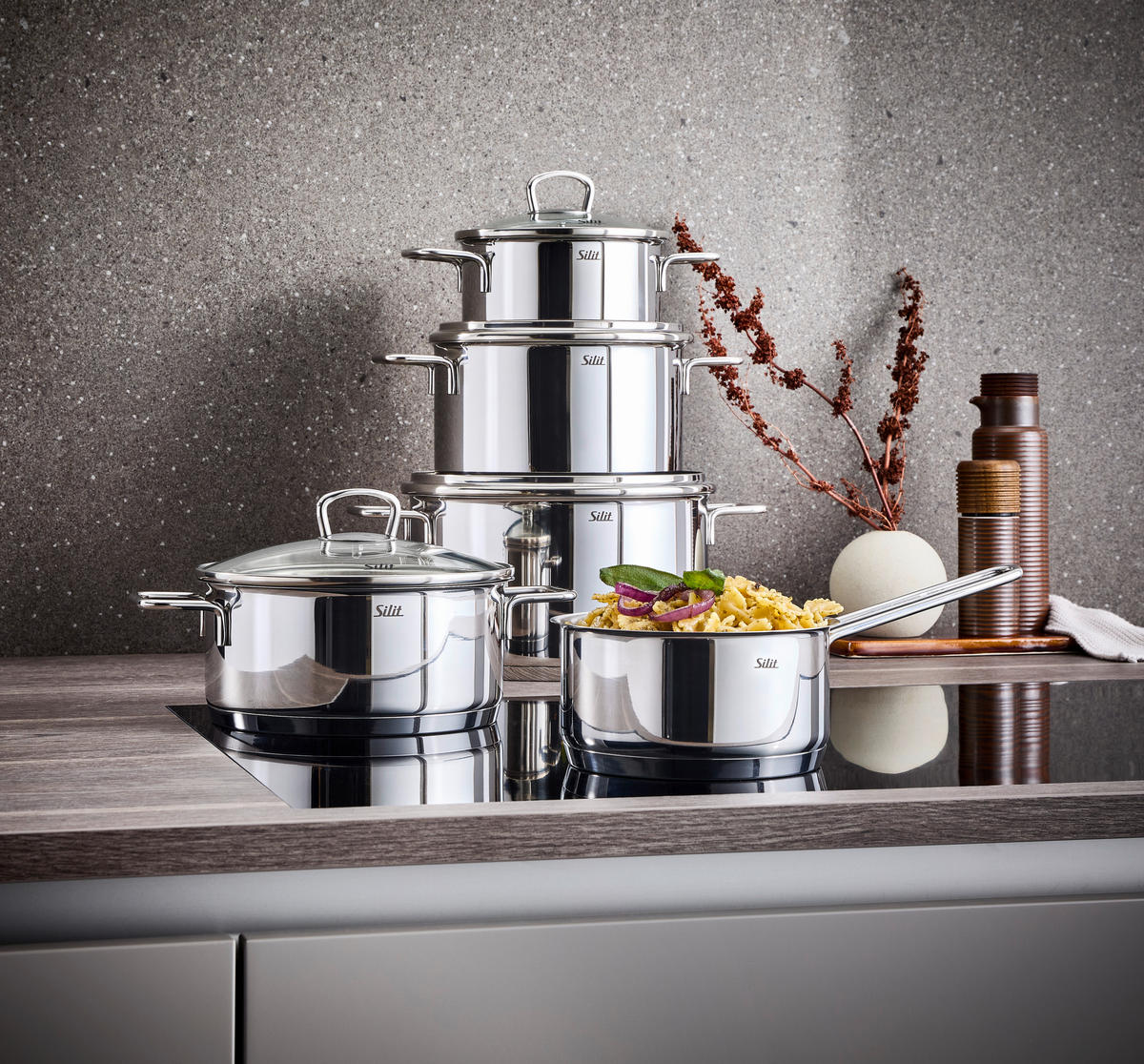 KOCHTOPFSET Alicante 5-teilig  - Edelstahlfarben, Basics, Glas/Metall - Silit