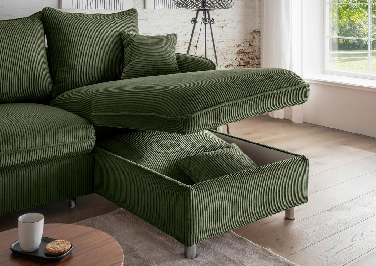 ECKSCHLAFSOFA in Cord Dunkelgrün  - Chromfarben/Dunkelgrün, Modern, Textil/Metall (254/160cm) - Livetastic