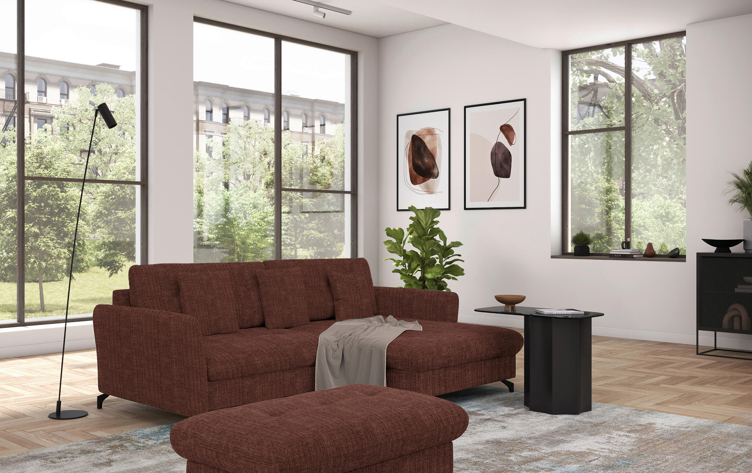 ECKSOFA in Flachgewebe, Leinenoptik Rotbraun  - Rotbraun/Schwarz, Design, Textil/Metall (242/170cm) - Xora