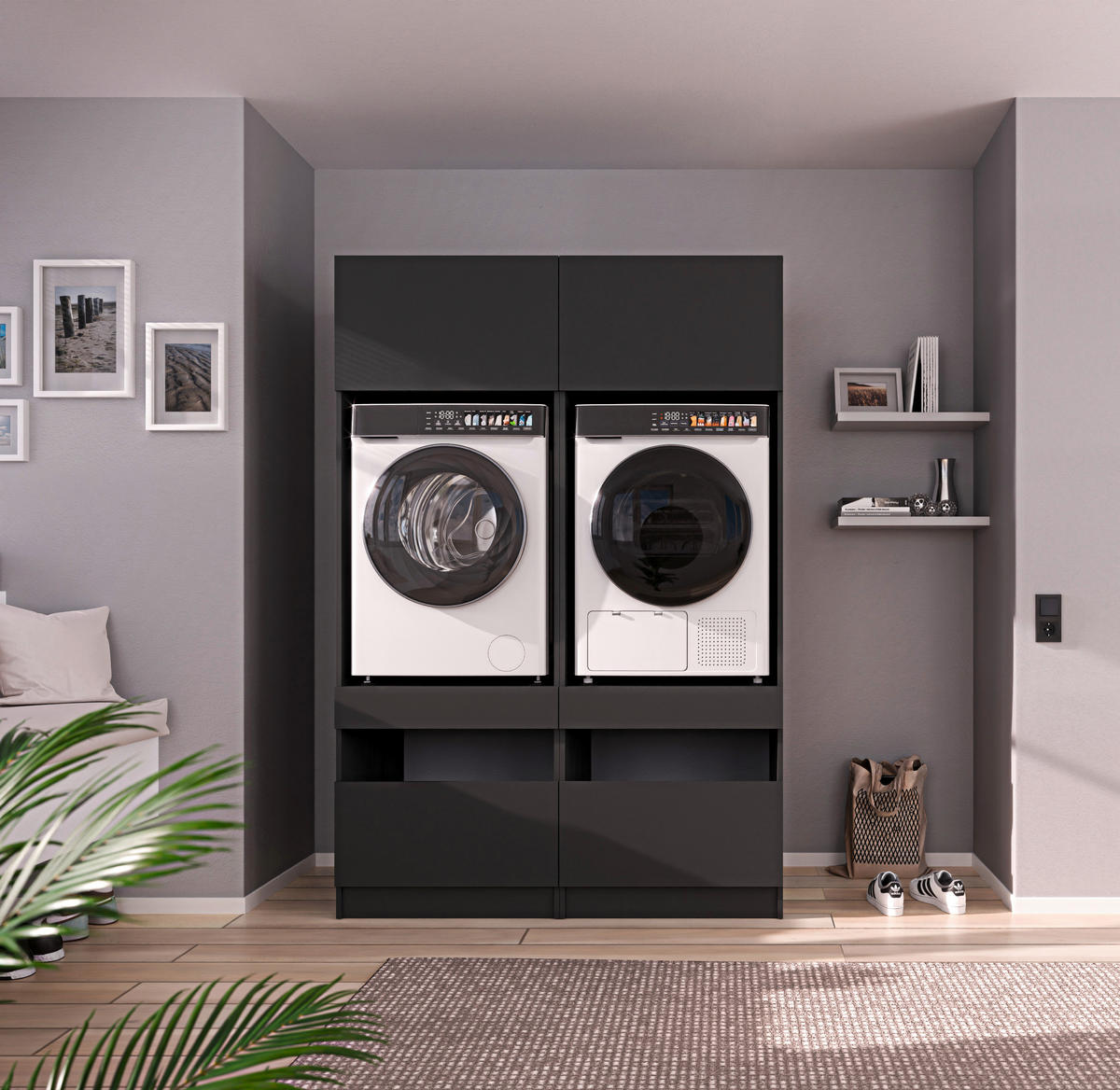 WASCHMASCHINENSCHRANK 68/200/68 cm  in Anthrazit  - Anthrazit/Schwarz, Design, Holzwerkstoff/Metall (68/200/68cm) - Milino