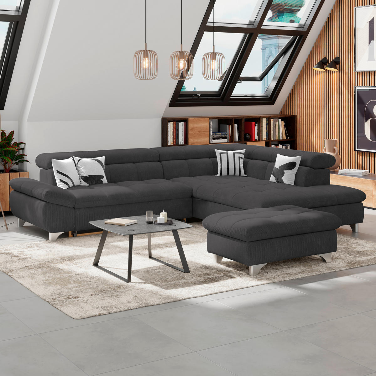 HOCKER in Textil Schwarz  - Chromfarben/Schwarz, Konventionell, Textil/Metall (108/46/108cm) - Livetastic
