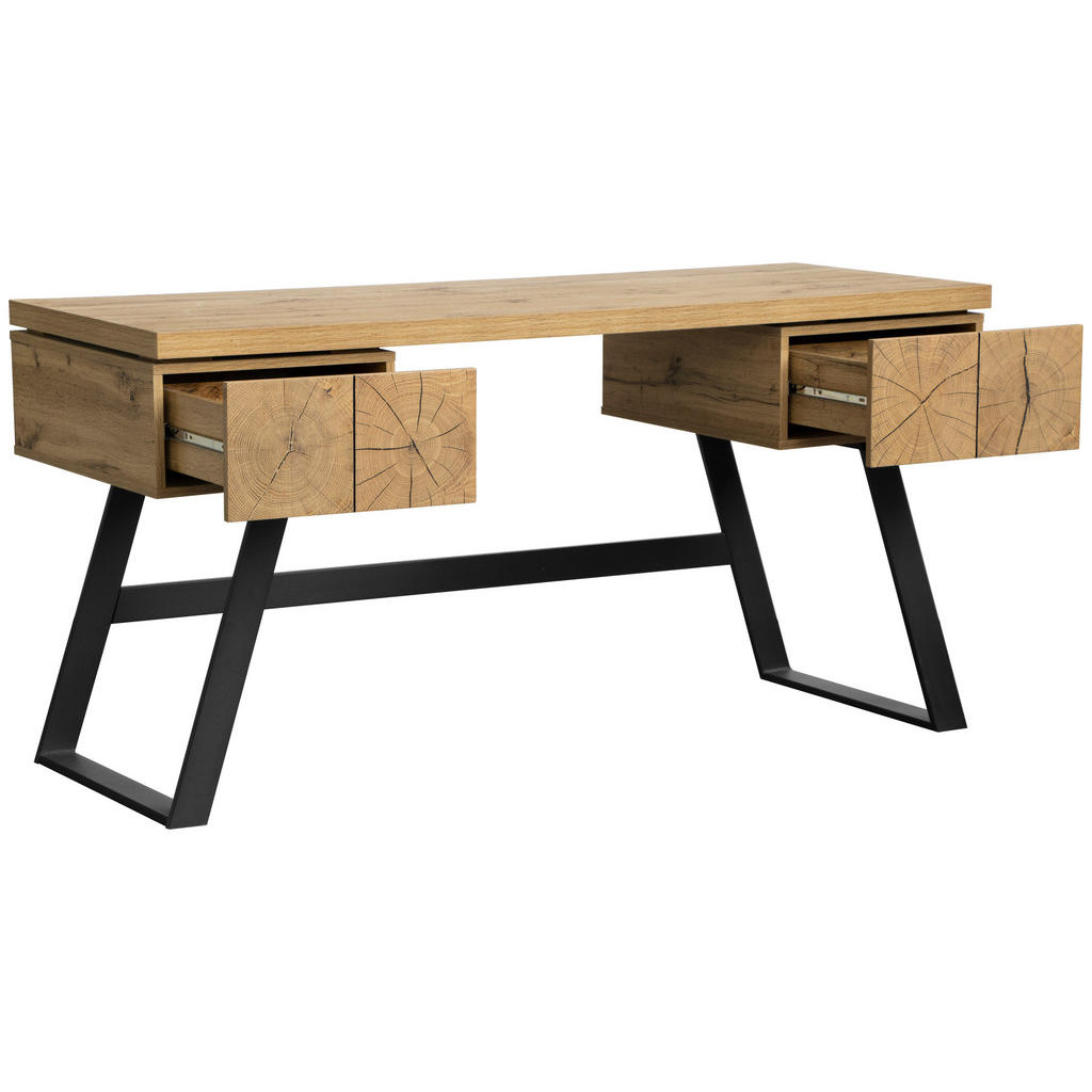 Thumbnail - Venda Schreibtisch, Schwarz, Eiche, Metall, Holzwerkstoff, Holzoptik, 2 Schublade(n) Schubladen, rechteckig, Kufe, Flach...