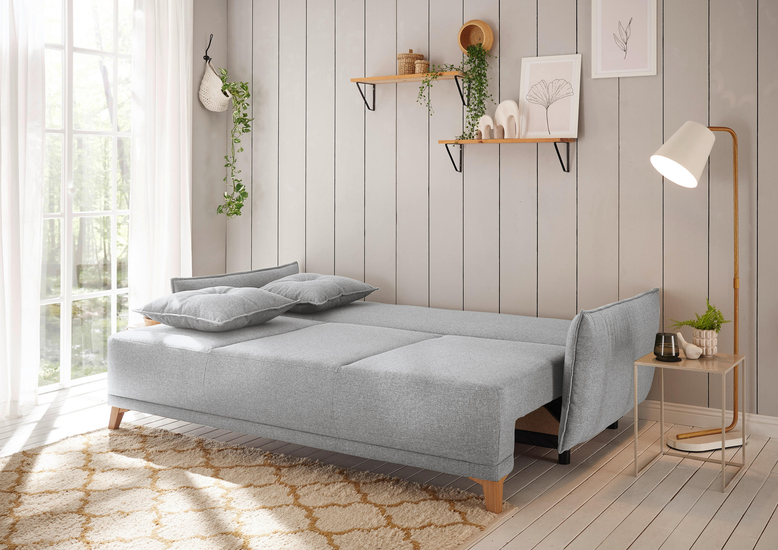SCHLAFSOFA Mikrovelours Silberfarben  - Eichefarben/Anthrazit, Basics, Kunststoff/Textil (232/91/105cm) - MID.YOU