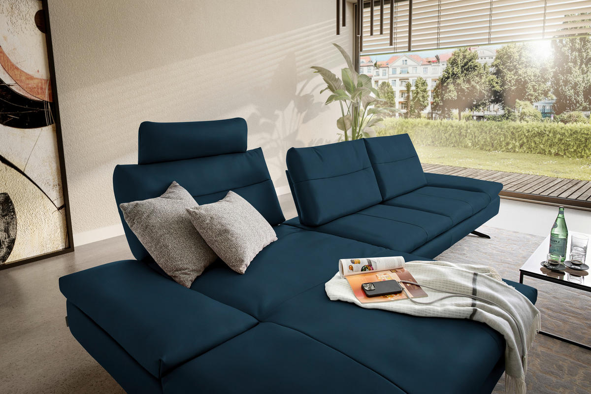 ECKSOFA  in Echtleder Blau  158/342 cm  - Blau/Schwarz, MODERN, Leder/Metall (158/342cm) - Chilliano
