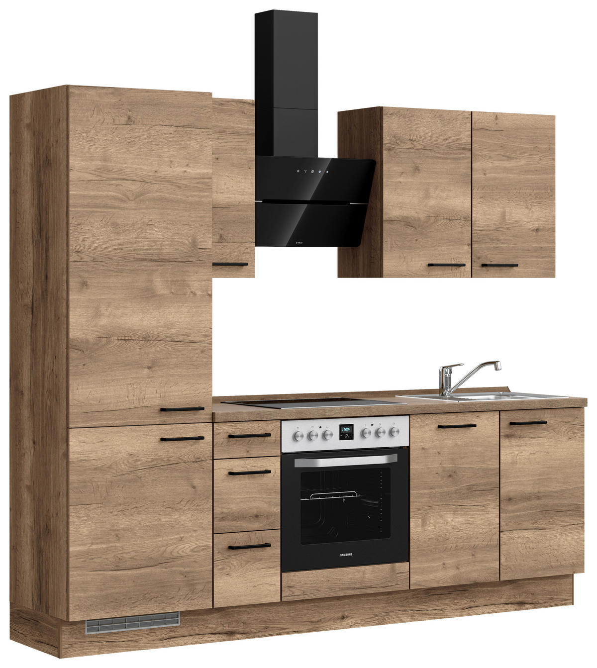 BUCĂTĂRIE FĂRĂ ELECTROCASNICE  - stejar închis la culoare/negru, Modern, metal/material pe bază de lemn (240cm) - Nobilia