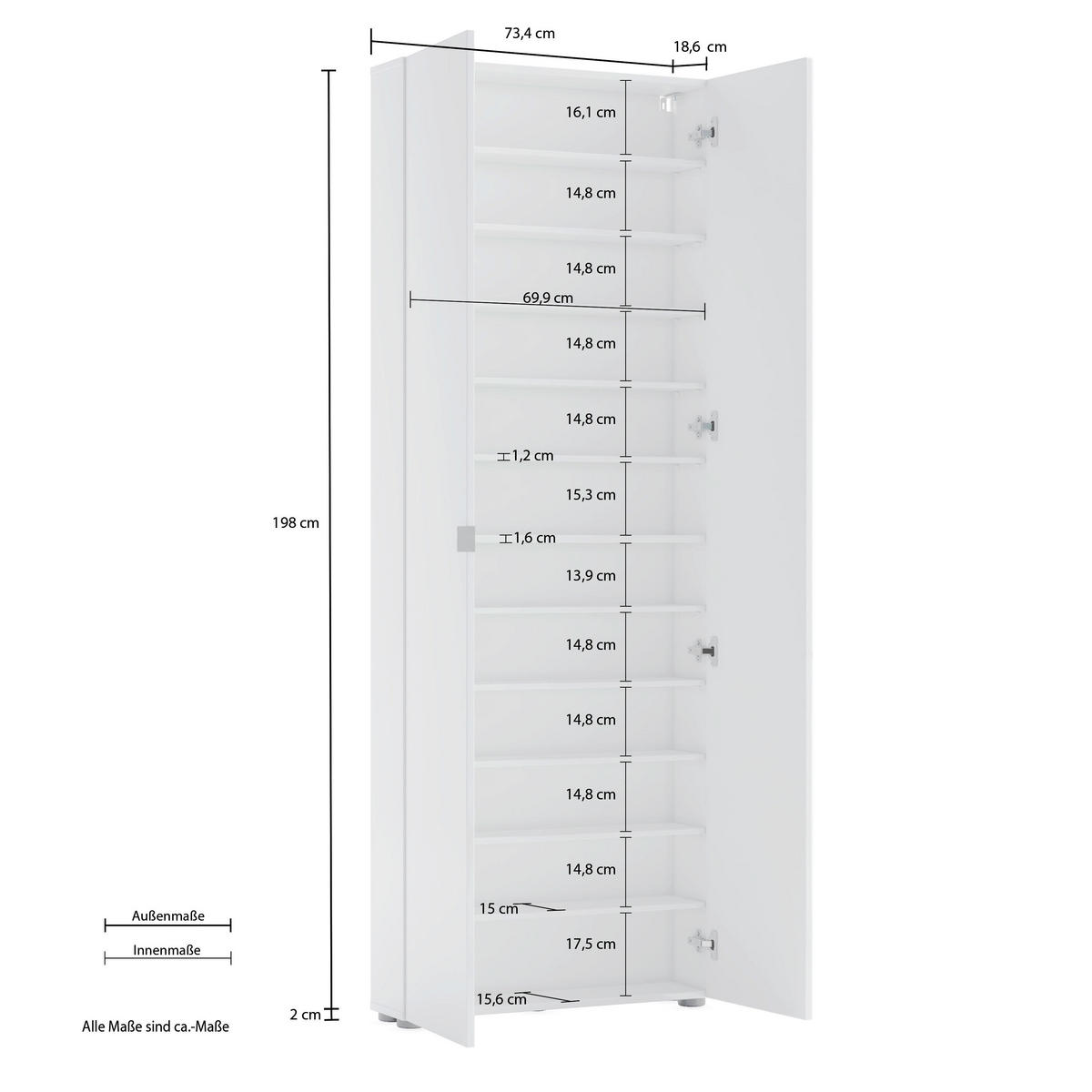 SCHUHSCHRANK Weiß  - Schwarz/Weiß, Design, Glas/Holzwerkstoff (74/200/19cm) - Xora