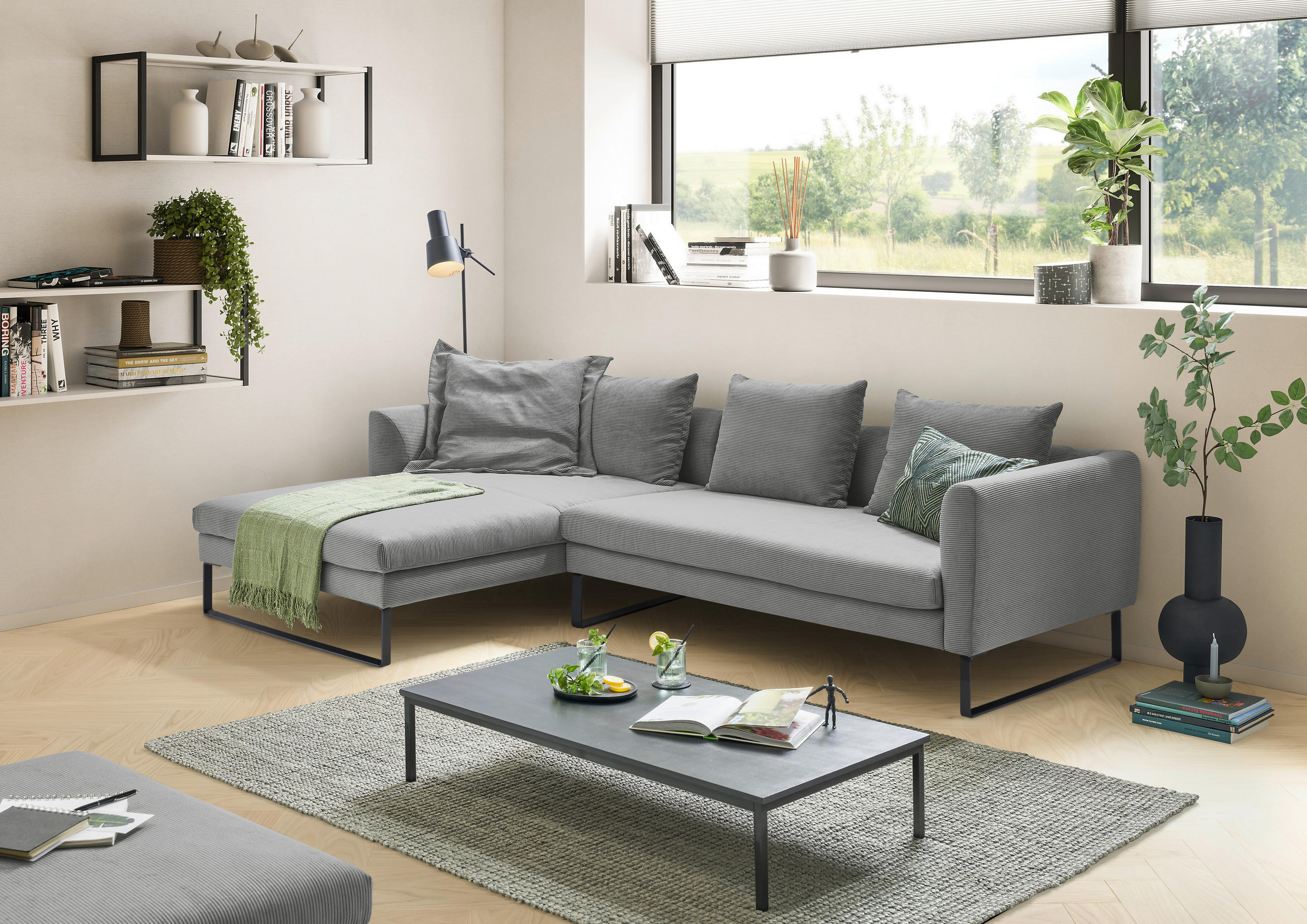 ECKSOFA in Feincord Grau  - Schwarz/Grau, Konventionell, Textil/Metall (178/284cm) - Hom`in