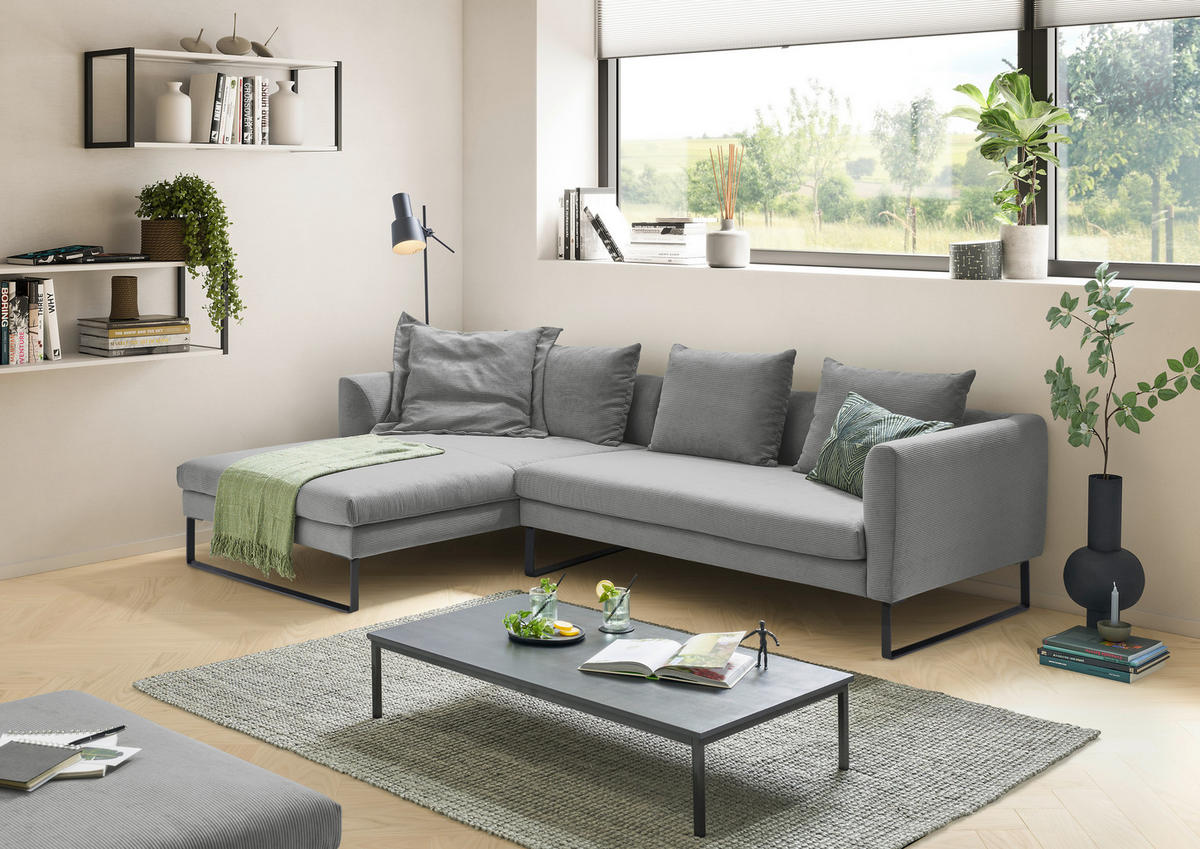ECKSOFA in Feincord Grau  - Schwarz/Grau, Konventionell, Textil/Metall (178/284cm) - Hom`in