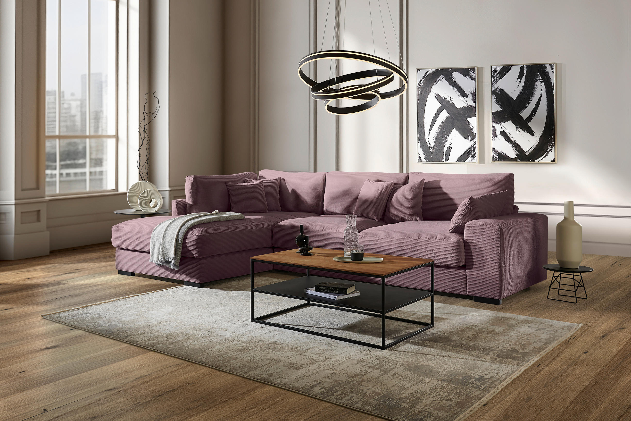 ECKSOFA Flieder Cord  - Flieder/Schwarz, Design, Kunststoff/Textil (205/340cm) - Lomoco