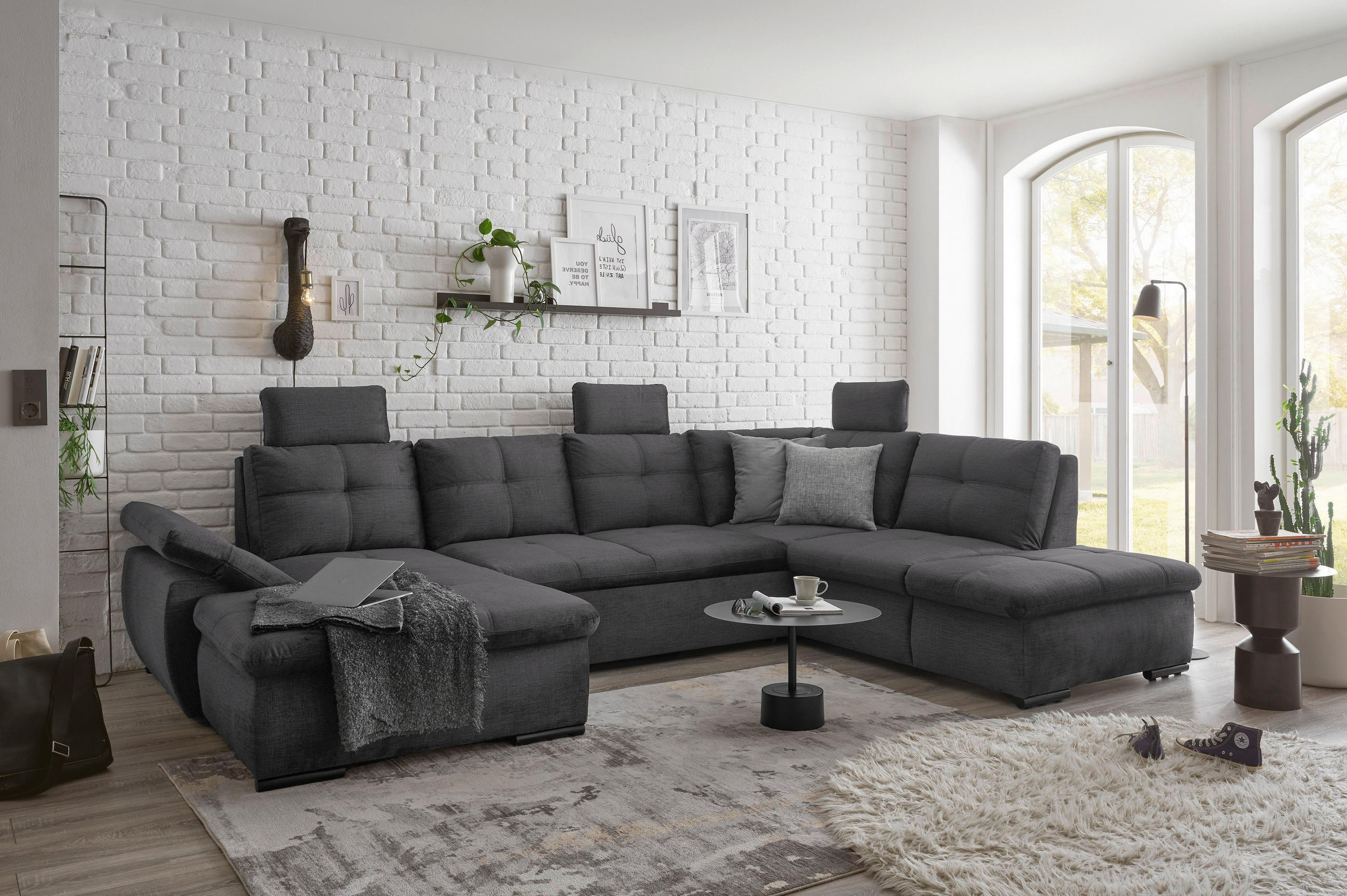 WOHNLANDSCHAFT in Mikrovelours Grau - Schwarz/Grau, Konventionell, Kunststoff/Textil (127/334/217cm) - Carryhome