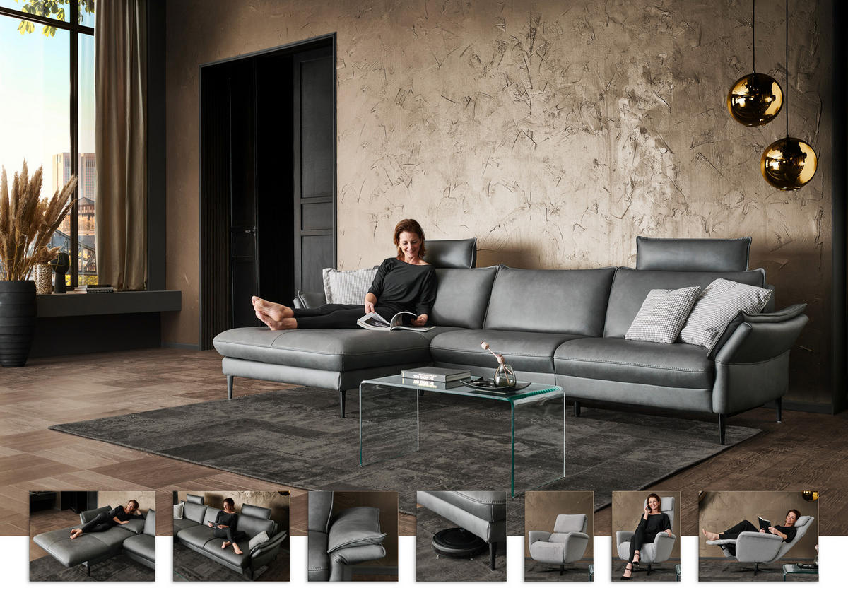 ECKSOFA in Echtleder Anthrazit  172/334 cm  - Anthrazit/Schwarz, Design, Leder/Metall (172/334cm) - Hukla