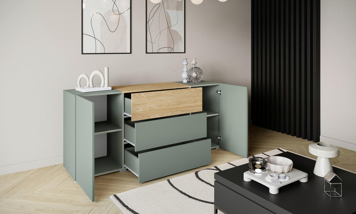 SIDEBOARD Berlin 150/68/38,5 cm 3 låda(or)  - grå/salviagrön, Design, trämaterial/plast (150/68/38,5cm) - P & B
