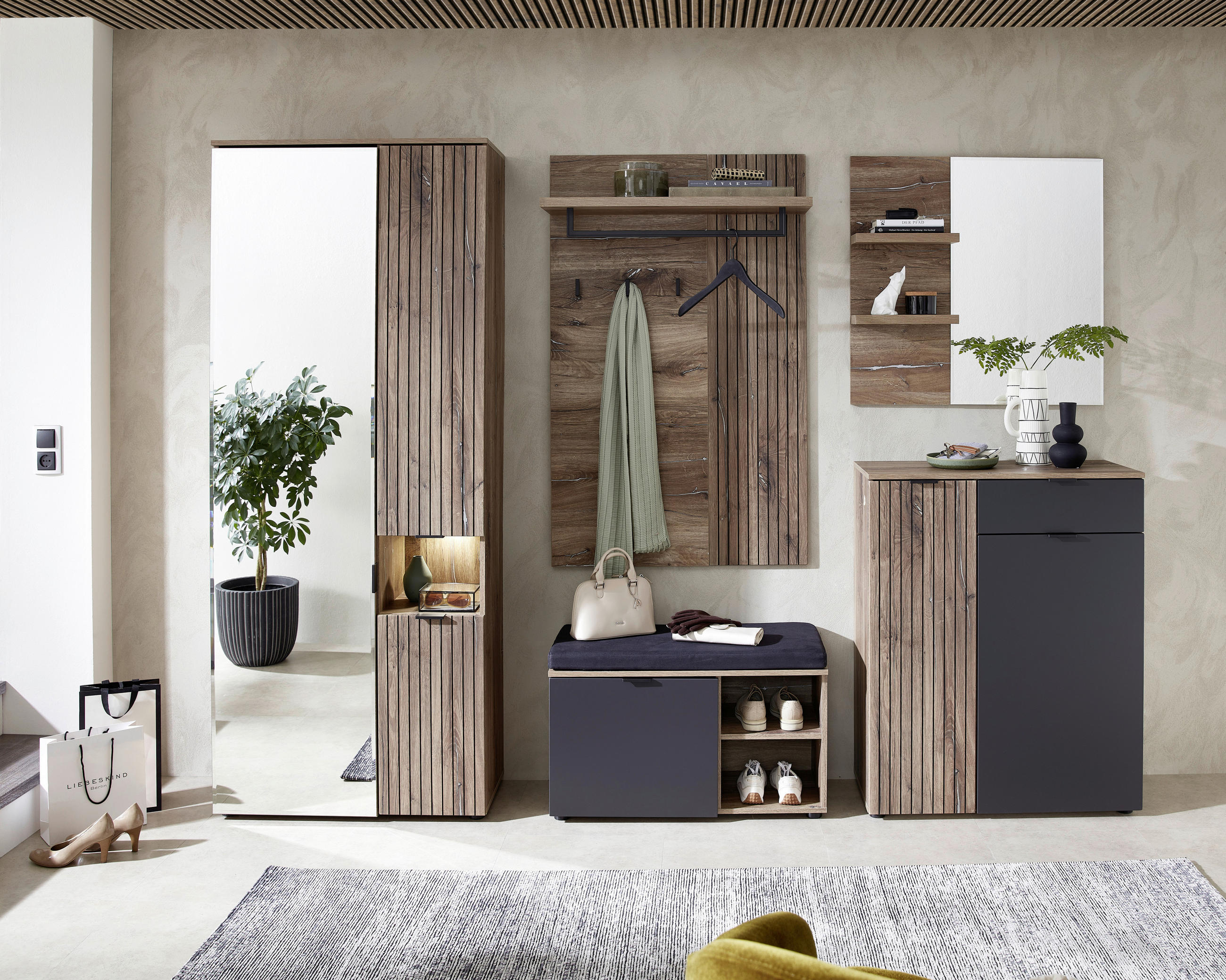 GARDEROBENBANK - Eichefarben/Anthrazit, MODERN, Holzwerkstoff/Kunststoff (82/51/38cm) - MID.YOU