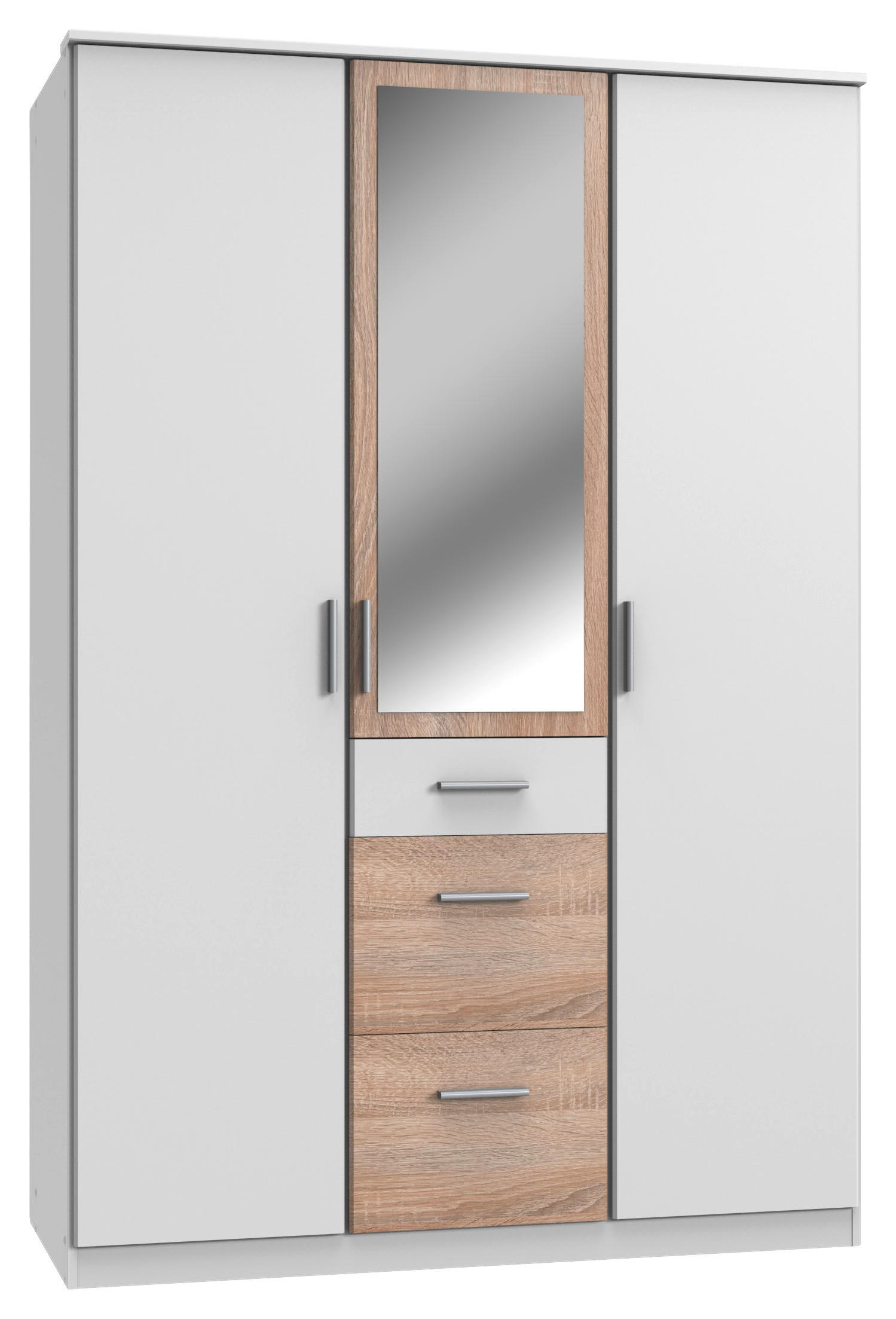 KLEIDERSCHRANK 3-türig Weiß, Eichefarben - Eichefarben/Alufarben, KONVENTIONELL, Glas/Holzwerkstoff (135/199/58cm) - Carryhome