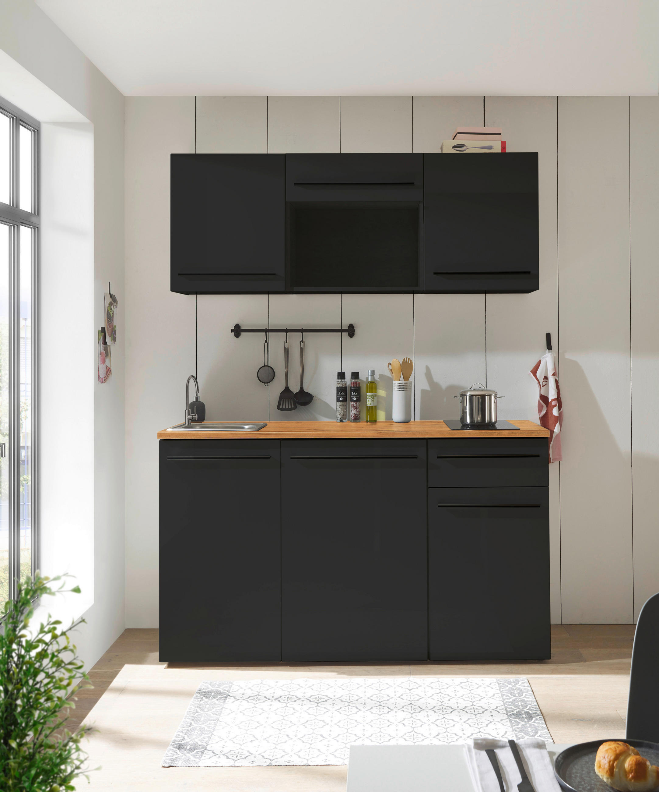 BUCĂTĂRIE STANDARD  - culoare lemn stejar/negru, Trend, plastic/material pe bază de lemn (160cm) - MID.YOU