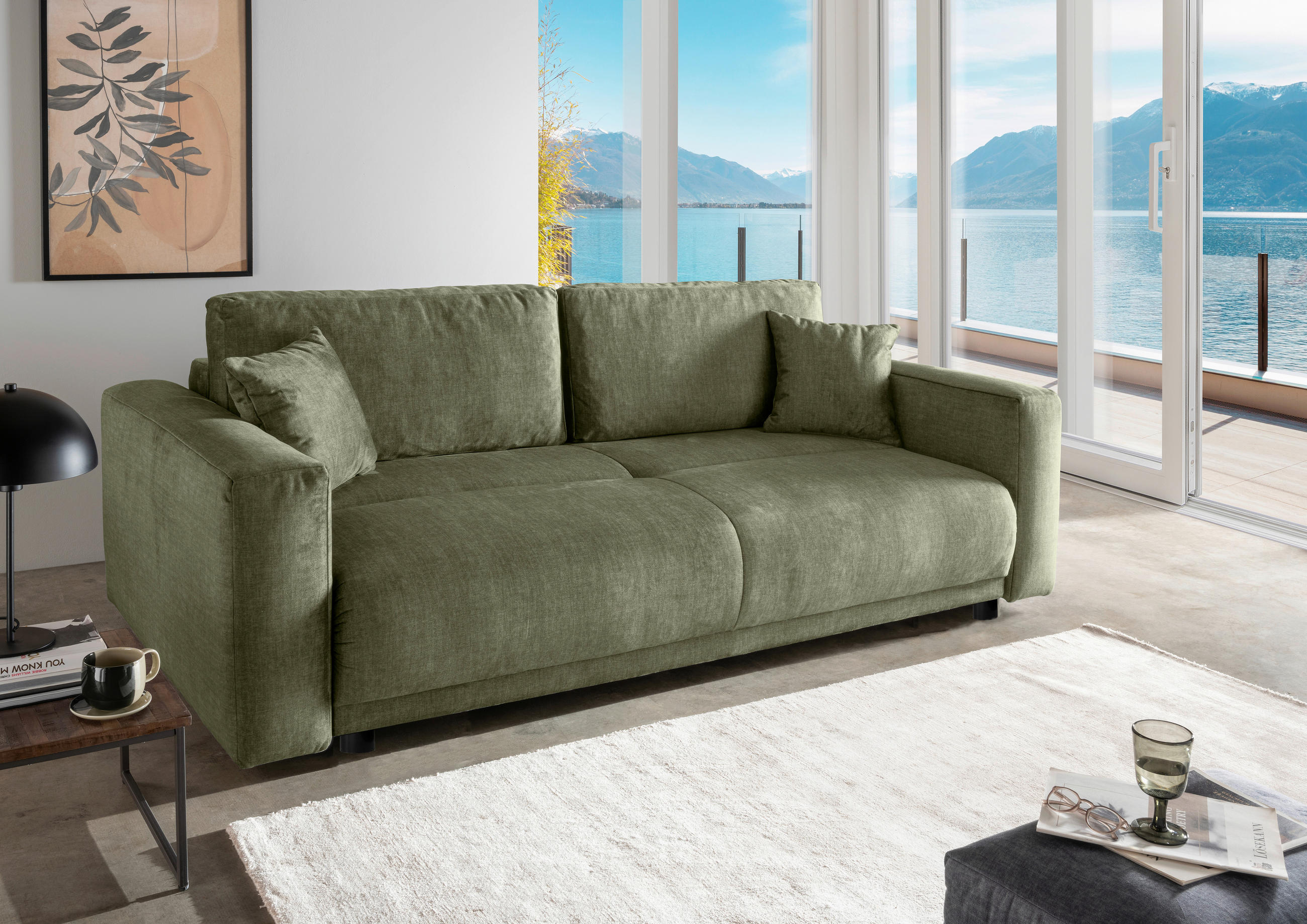SCHLAFSOFA in Velours Grün  - Schwarz/Grün, MODERN, Kunststoff/Textil (245/86/126cm) - Livetastic