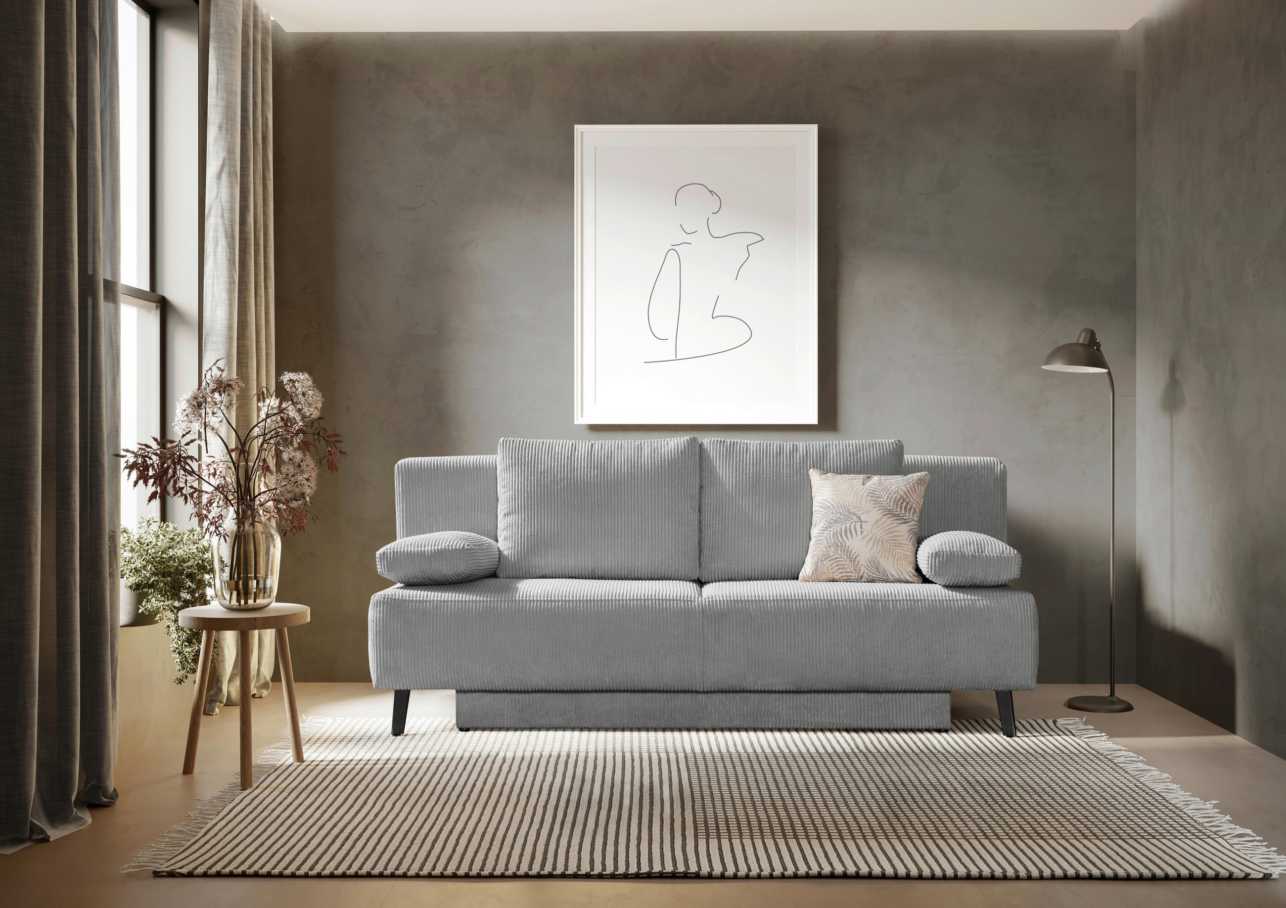 SCHLAFSOFA  mit Fußauswahl, Stoffauswahl, Rücken echt Cord Hellgrau  - Hellgrau/Schwarz, MODERN, Textil/Metall (193/85/88cm) - Novel