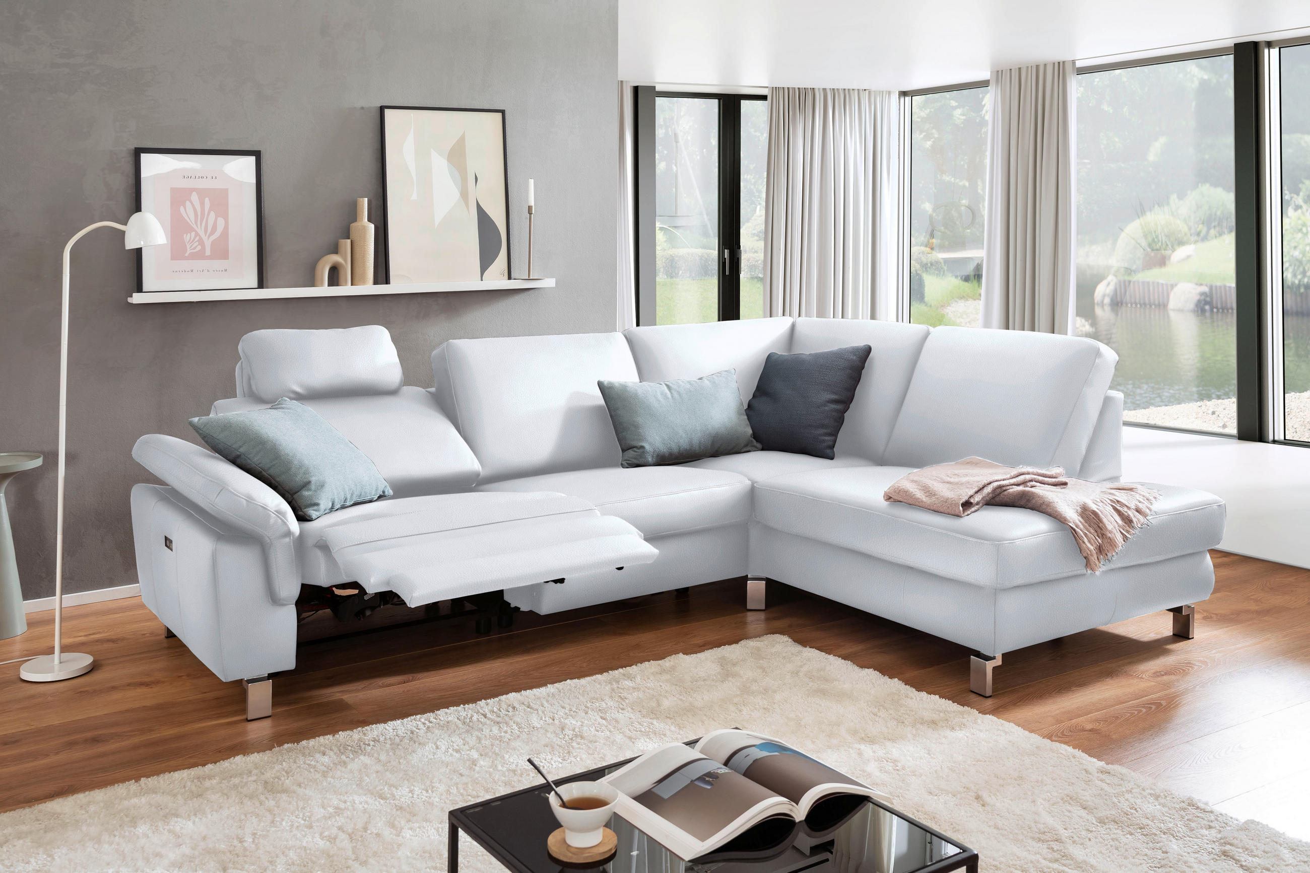 CANAPÉ D'ANGLE in Echtleder Weiss  - couleur chromée/blanc, Design, cuir/métal (271/200cm) - Pure Home Lifestyle