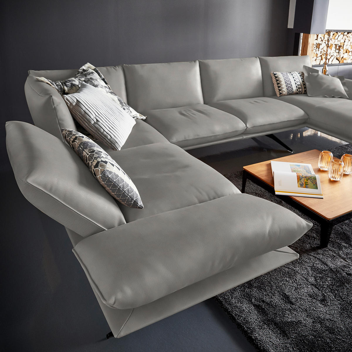 WOHNLANDSCHAFT in Echtleder Hellgrau  - Hellgrau/Schwarz, Natur, Leder/Metall (222/364/159cm) - Dieter Knoll