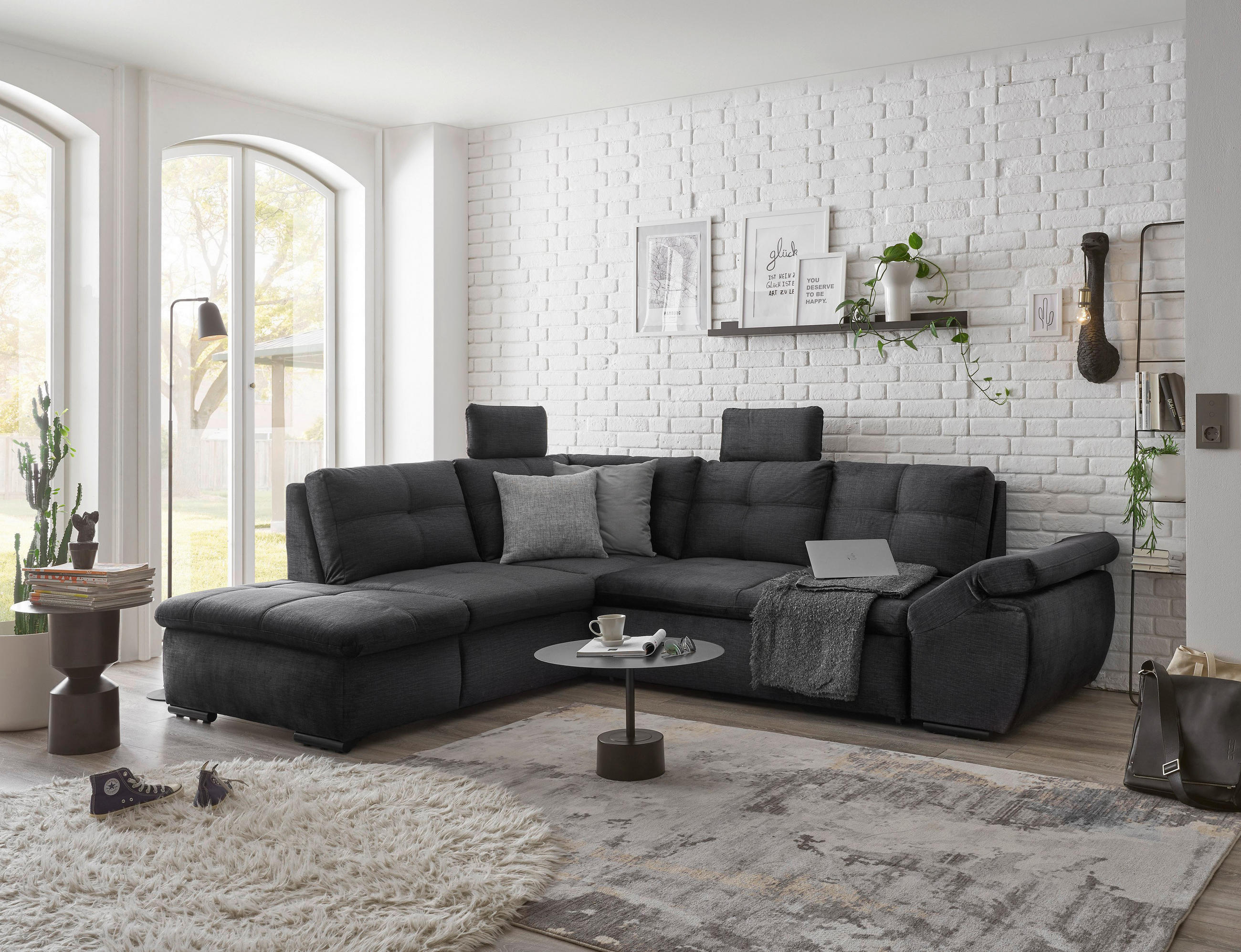 ECKSOFA in Mikrovelours Schwarz  - Schwarz, Konventionell, Kunststoff/Textil (217/265cm) - Carryhome